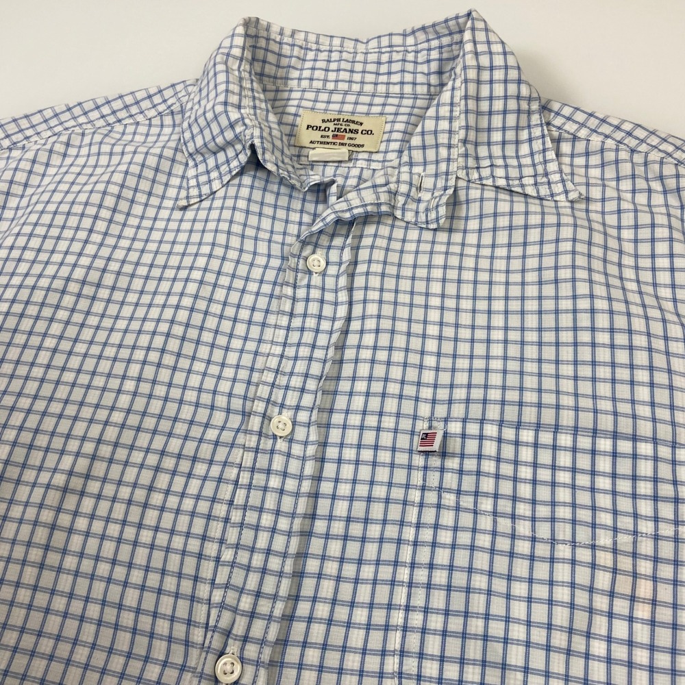 Ralph Lauren Polo Jeans Co. Men L Blue‎ Plaid Button Up Shirt Short Sleeve Logo